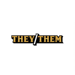 Wood Rocket They/Them enamel pin with gold glitter lettering on a black base