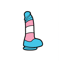 Wood Rocket trans pride enamel pin in blue, pink, and white striped dildo design