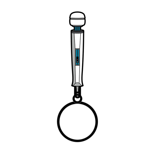 Wood Rocket wand massager enamel keychain with black ring, silver and teal detail