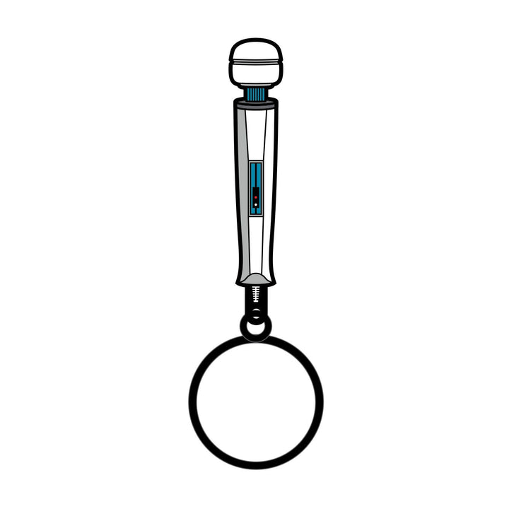 Wood Rocket wand massager enamel keychain with black ring, silver and teal detail