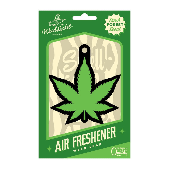 Wood Rocket weed leaf air freshener in green retail packaging with fresh forest scent label