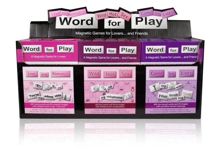 Word for Play Trio display stand featuring three magnetic word game sets for couples