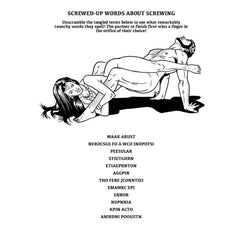 Word scramble puzzle page from adult novelty book with intimate couples line art illustration