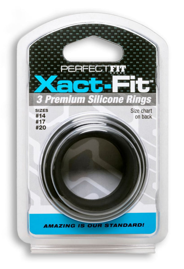 Xact-Fit 3 Premium Silicone Rings in retail packaging showing sizes 14, 17, and 20