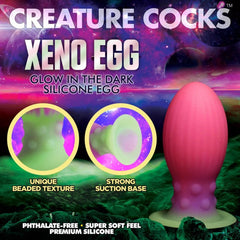 Xeno Egg product feature graphic highlighting beaded texture and strong suction base details