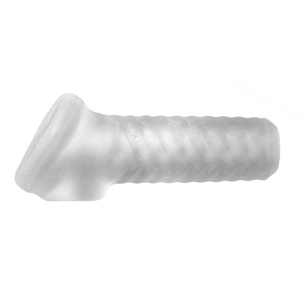 XPlay Breeder open-tip penis sleeve in clear SilaSkin with spiral ribbed texture