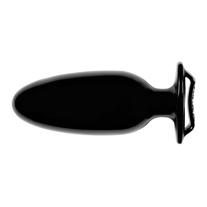 Xplay Finger Grip Plug #5L in glossy black, shown horizontally with tapered body and base