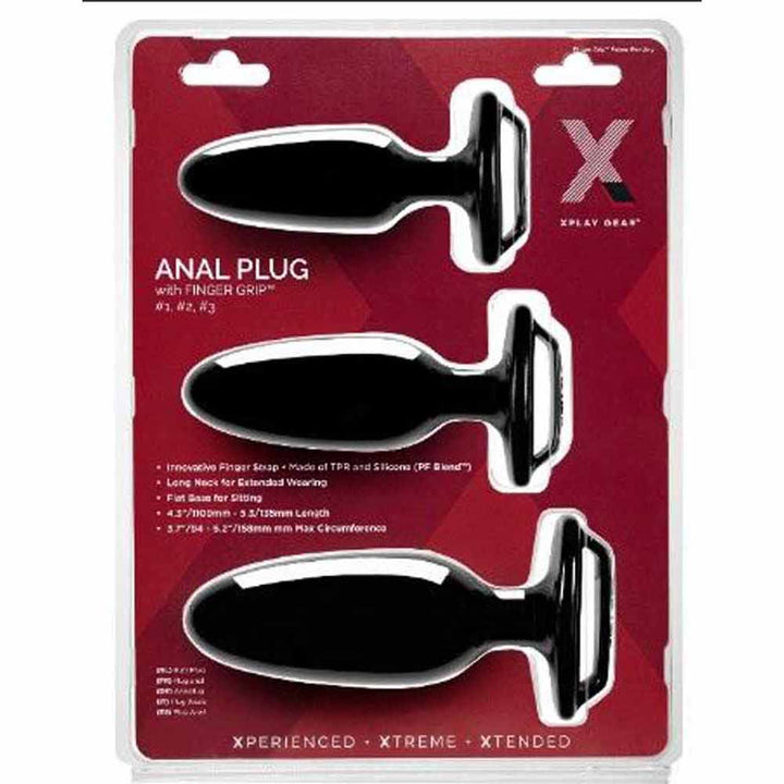Xplay Finger Grip Plug Starter Kit three-piece set in black TPR silicone blend packaging