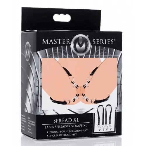 XR Master Series Spread XL labia spreader straps shown in retail box packaging