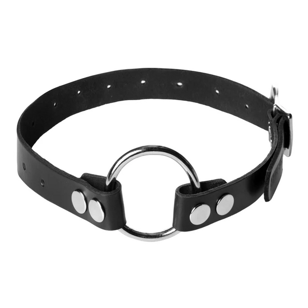 XR LLC black leather thigh strap-on harness with silver O-ring and adjustable buckle