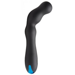 XR LLC black silicone beaded prostate vibrator upright, showing curved tip and blue base button