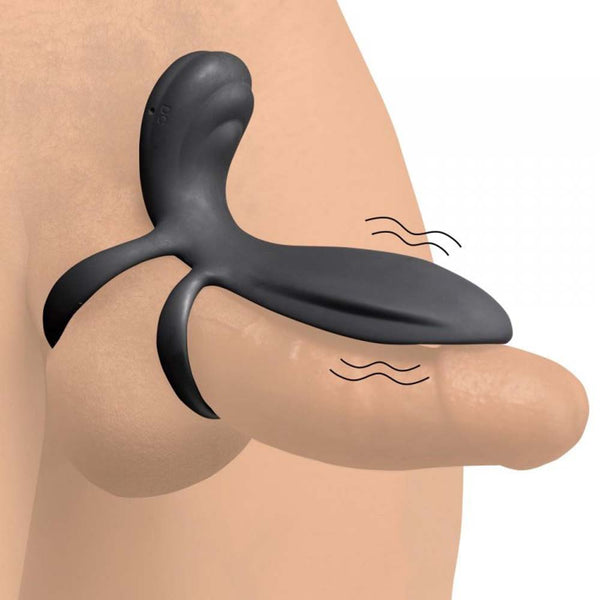 XR LLC black silicone vibrating girth enhancer shown worn, with motion lines indicating dual vibration