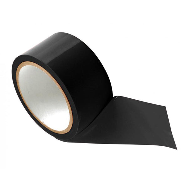 XR LLC Bondage Tape 20m in black, rolled on a cardboard core, smooth matte PVC finish