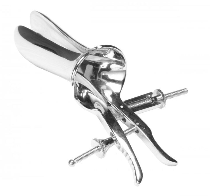 XR LLC KI Miller Speculum in polished stainless steel with adjustable thumb screws, front view
