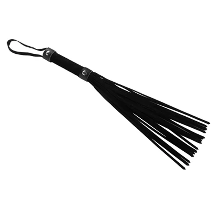 XR LLC Short Suede Flogger in all black with tapered tresses and wrist loop handle