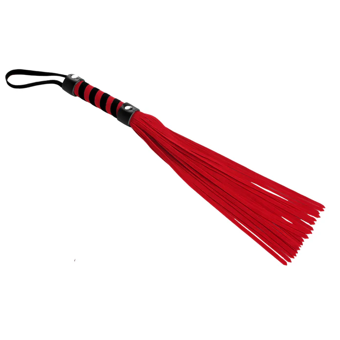 XR LLC Short Suede Flogger in red with black striped handle and wrist loop