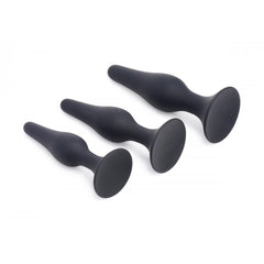 XR LLC Triple Spire three-piece black silicone anal trainer set displayed at angled side view