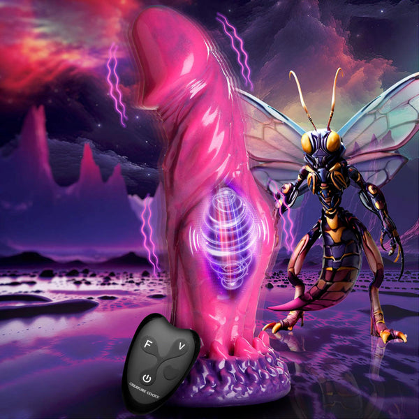 Creature Cocks Xenox Vibrating Silicone Dildo with Remote – pink and purple curved stinger dildo