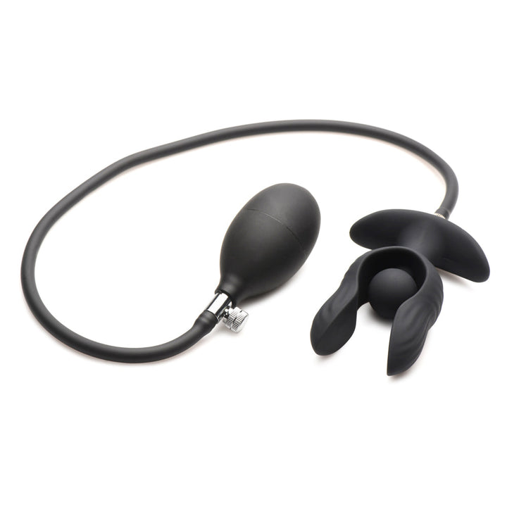 XR Dark Pearl Inflatable Vibrating Butt Plug with Remote – black ribbed silicone plug with pump and hose