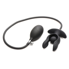 XR Dark Pearl Inflatable Vibrating Butt Plug with Remote – black ribbed silicone plug with pump and hose