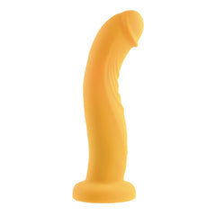 Yellow curved silicone dildo with ribbed texture and wide suction cup base, side angle