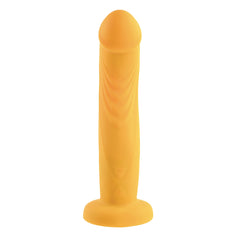 Yellow silicone dildo standing upright showing control buttons embedded near suction base