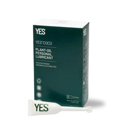 YES COCO lubricant box beside one open single-use applicator showing slim twist-tip design