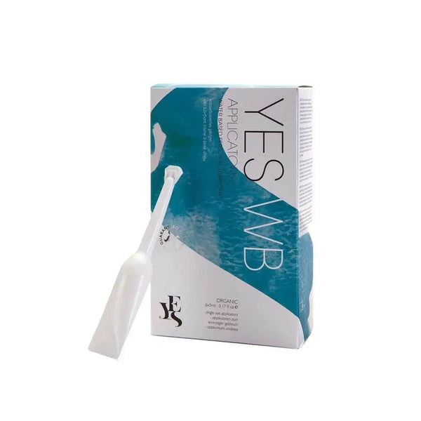 YES WB water-based lubricant applicators, teal box with six 5ml single-use white applicators