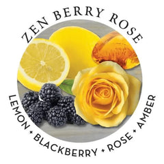Zen Berry Rose scent profile label showing lemon, blackberry, rose, and amber notes