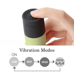 Close-up of zen MATCHA control button with diagram showing LOW, MID, HIGH, and PULSE vibration sequence