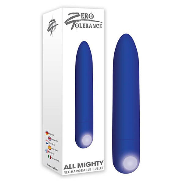 Zero Tolerance All Mighty rechargeable bullet vibrator in blue with product box