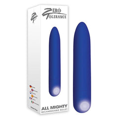 Zero Tolerance All Mighty rechargeable bullet vibrator in blue with product box