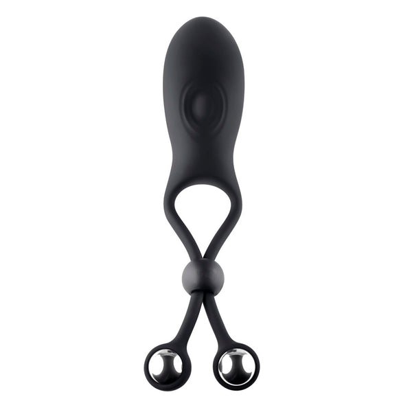 Zero Tolerance The Big Bang black silicone cock ring with dual weighted loops, front view