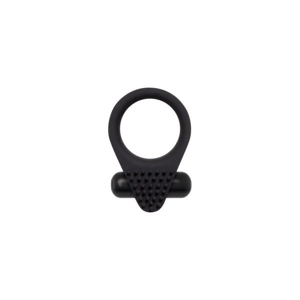 Zero Tolerance Black Knight black silicone vibrating cock ring, front view with textured stimulator pad