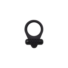 Zero Tolerance Black Knight black silicone vibrating cock ring, front view with textured stimulator pad