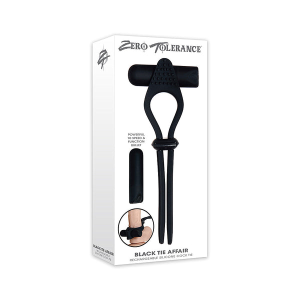 Zero Tolerance Black Tie Affair silicone cock tie with vibrating bullet, shown in retail box