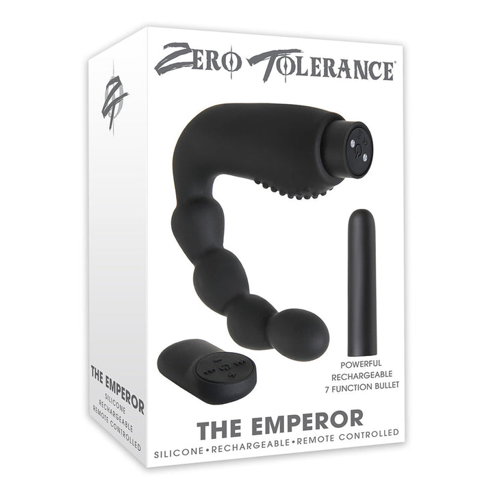 Zero Tolerance The Emperor RC Prostate massager box showing black silicone toy, bullet, and remote