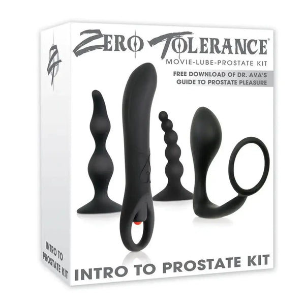 Zero Tolerance Intro To Prostate Kit box showing five black silicone toys included