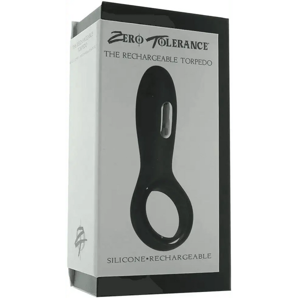 Zero Tolerance Rechargeable Torpedo cock ring in black silicone, shown in retail box