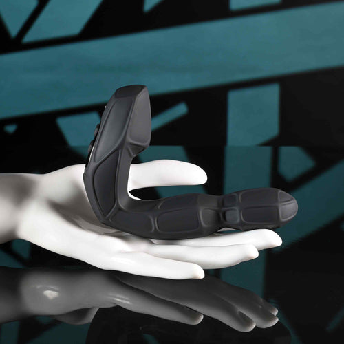 Zero Tolerance Mr. Prostate black silicone prostate massager displayed on a white mannequin hand