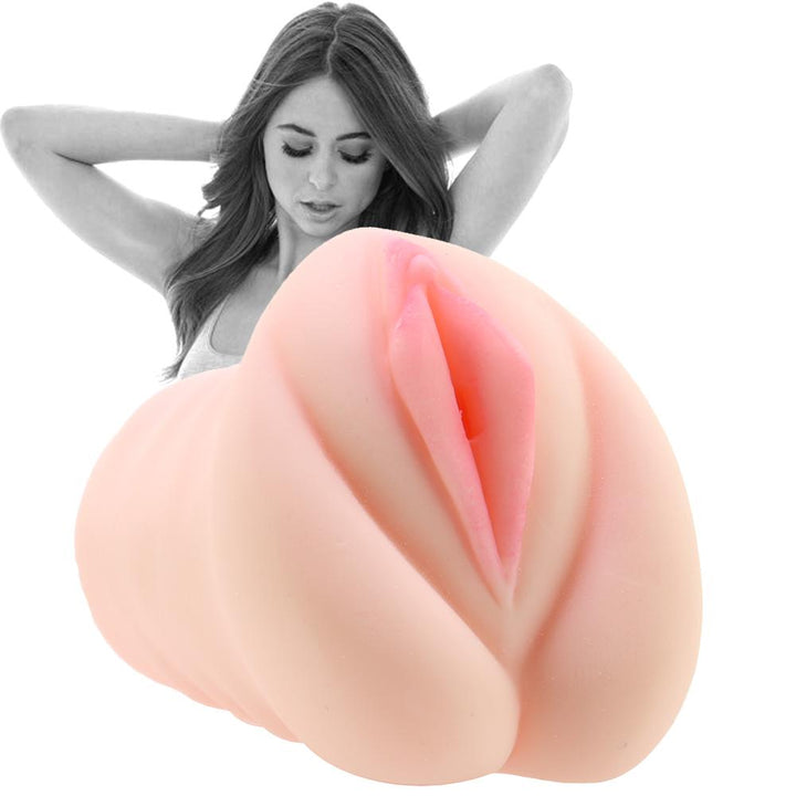 Zero Tolerance Riley Reid vagina stroker in flesh tone beside a greyscale model photo