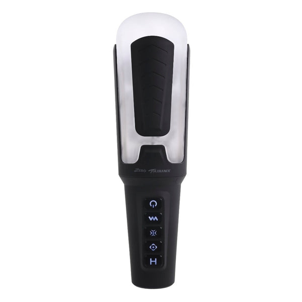 Zero Tolerance Squeeze Play male stroker, front view, black and clear body with blue LED controls