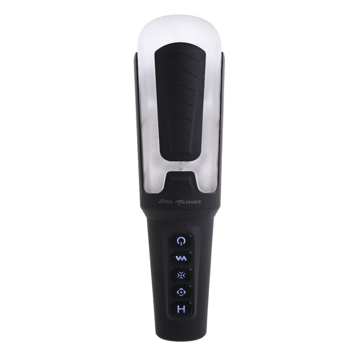 Zero Tolerance Squeeze Play male stroker, front view, black and clear body with blue LED controls