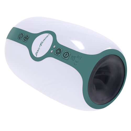 Zero Tolerance Touchdown rechargeable stroker in white and teal, angled front view