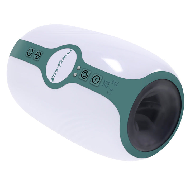 Zero Tolerance Touchdown rechargeable stroker in white and teal, angled front view