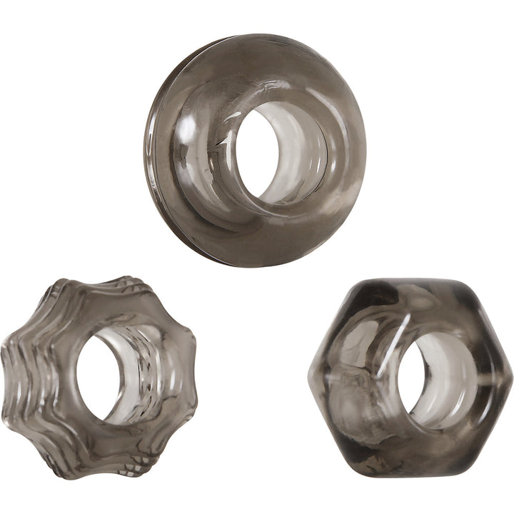 Zero Tolerance Triple Thick cock rings set of three in smoky translucent TPE, varied shapes