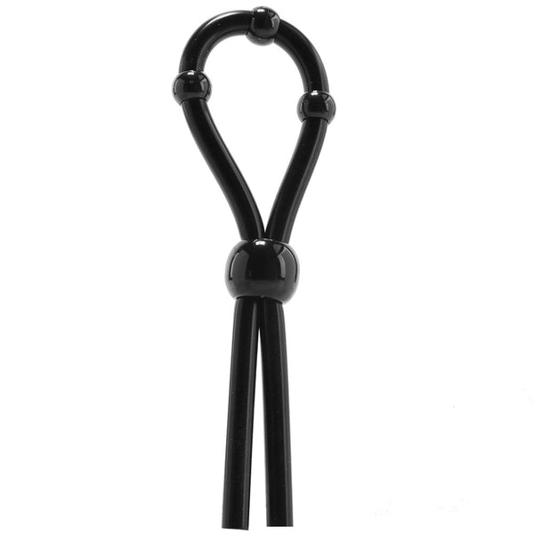 Zero Tolerance Ultimate Silicone Lasso cock ring in black with adjustable bead closure and dual pull cords