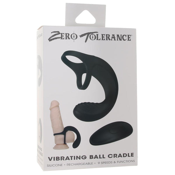 Zero Tolerance Vibrating Ball Cradle retail packaging showing product, remote, and usage diagram