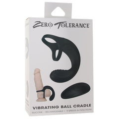 Zero Tolerance Vibrating Ball Cradle retail packaging showing product, remote, and usage diagram