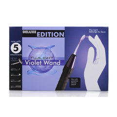 Zeus Deluxe Edition Twilight Violet Wand retail packaging showing five included attachments and branding